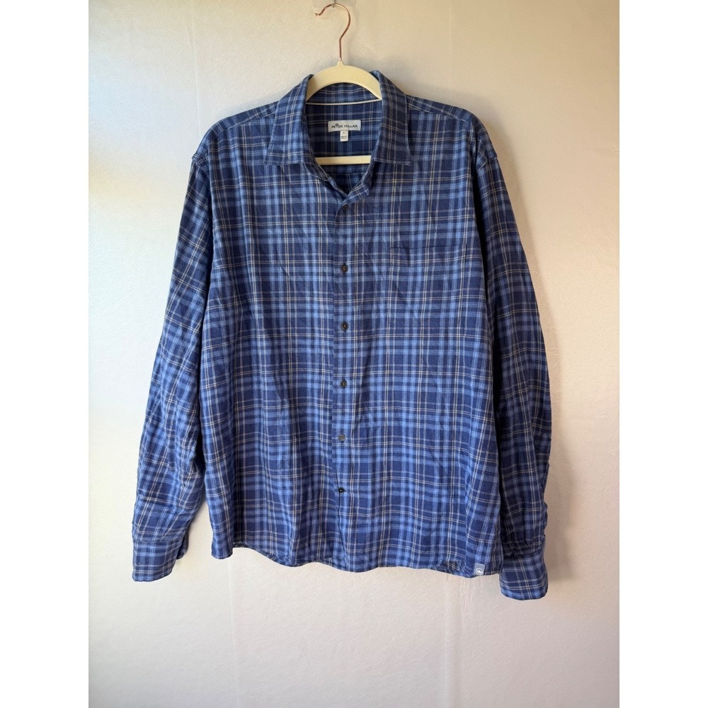 Peter Millar Mens Large Blue Plaid Button Down Shirt 100% Cotton Long Sleeve L - Picture 3 of 9